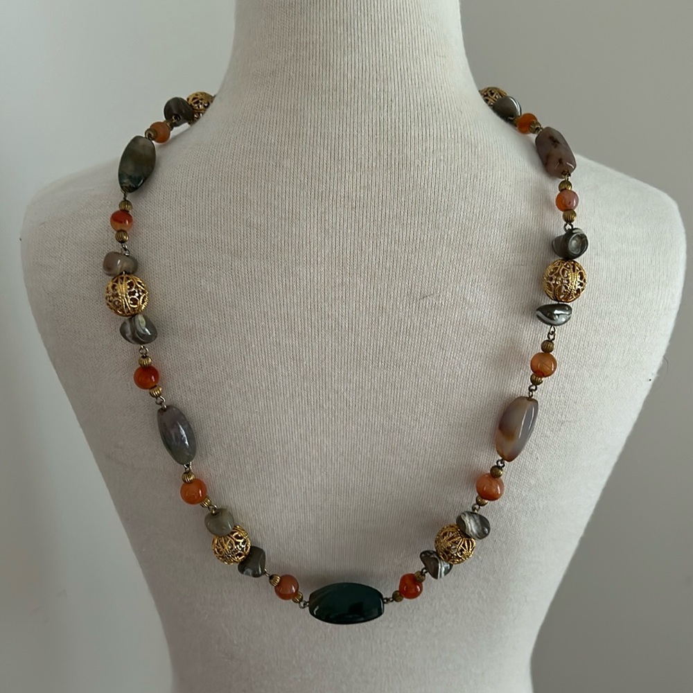 Vintage Green, Gold and Amber Semi Precious Stone Necklace